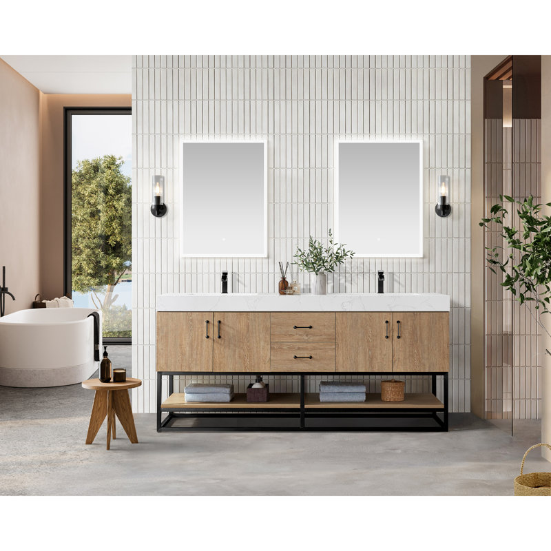 Ensemble de meuble-lavabo double 72 po Alistair, Noir mat, Chêne naturel, Blanc