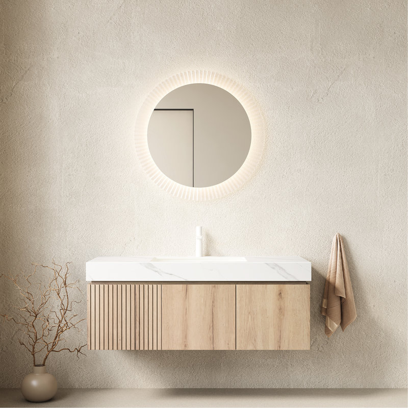 Meuble-lavabo en pierre frittée blanche et céramique de 48 po, armoire en contreplaqué flottant, chêne