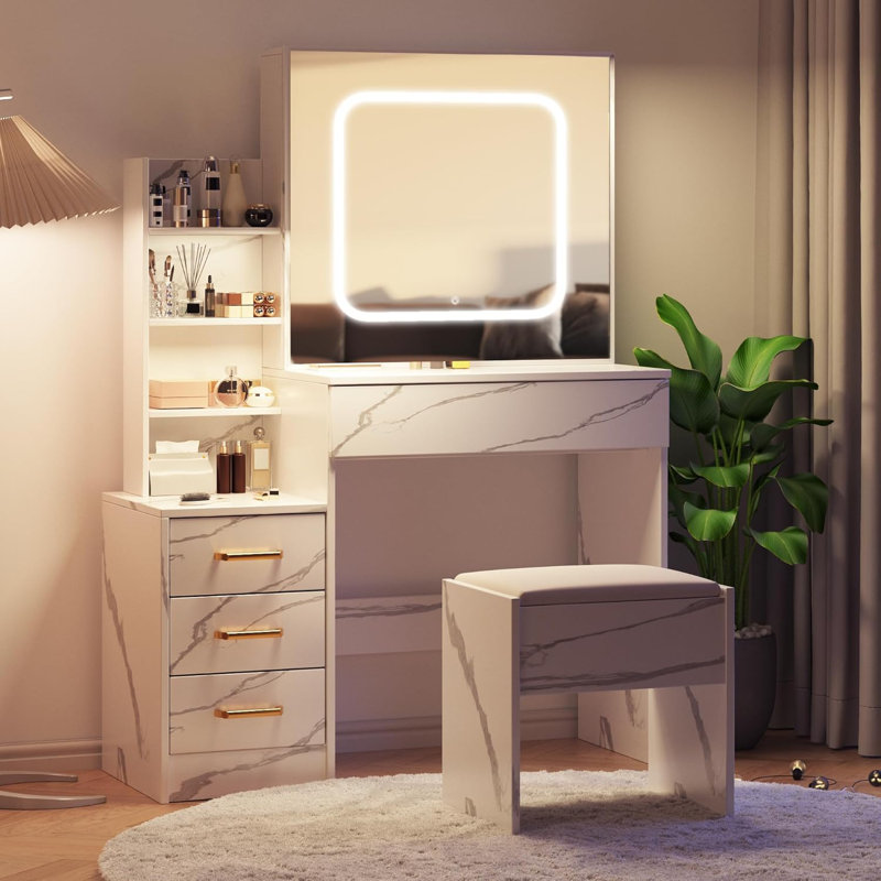 Ensemble de meuble-lavabo avec miroir coulissant et lumière, Marbre blanc