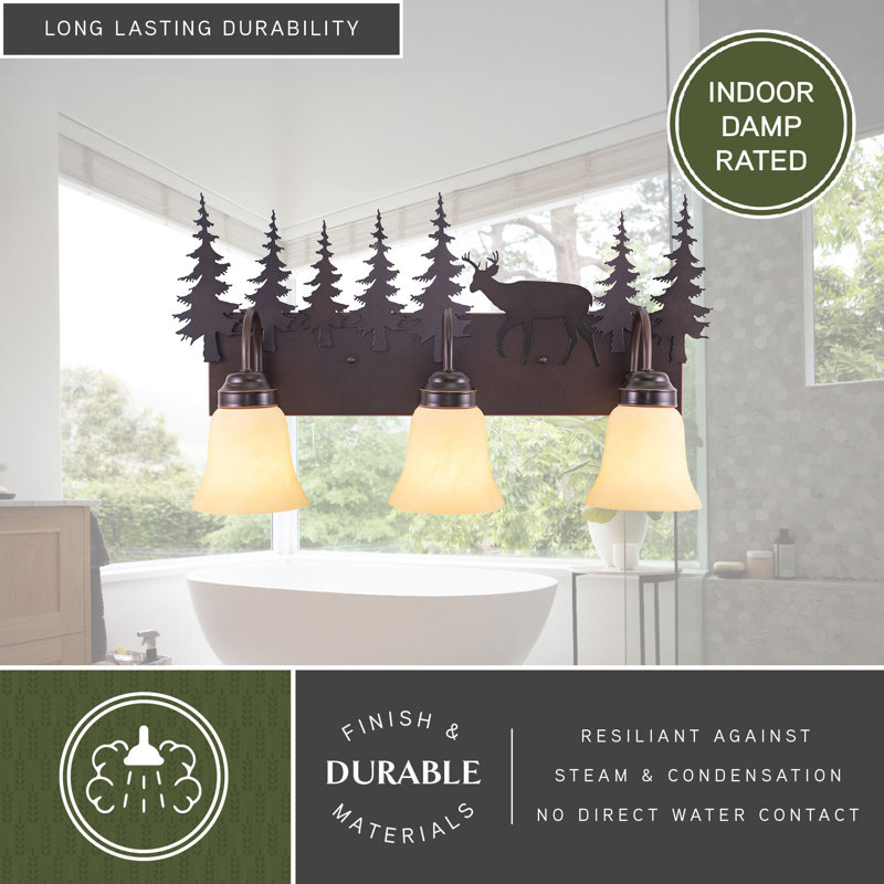 Homar 3-Light 24.75 inch Wide Burnished Bronze Rustic Cabin Bathroom Vanity Lighting Fixture, Amber Flake Glass Shade, Deer and Trees, Dimmable, LED Compatible, Over the Mirror Wall Mounted
