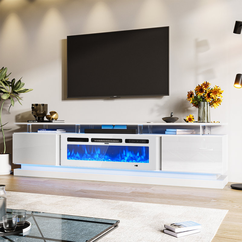 TV Stand Fireplace for TVs up to 85" Fireplace, White, 203.2 cm