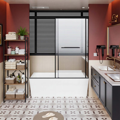 Porte de douche 60 po x 62 po en aluminium de taille standard sans cadre, portes coulissantes doubles avec rail à fermeture en douceur silencieuse, installation facile en 30 minutes, protection améliorée contre les fuites et garde-eau allongé