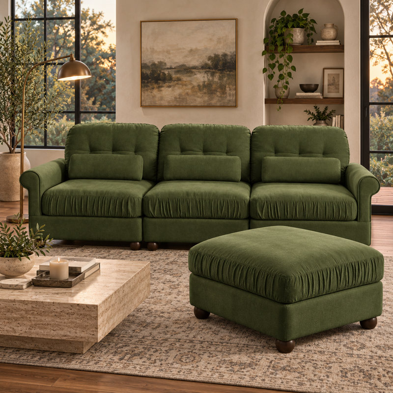 Canapé d'angle modulaire Rovesselle 3 places en chenille de 249 cm de large avec pouf amovible, coussins à volants et coussins lombaires