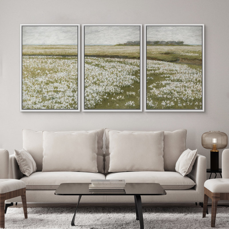 3 pièces, peinture sur toile à cadre flottant, H 24 po x l 48 po x P 1,5 po, Blanc