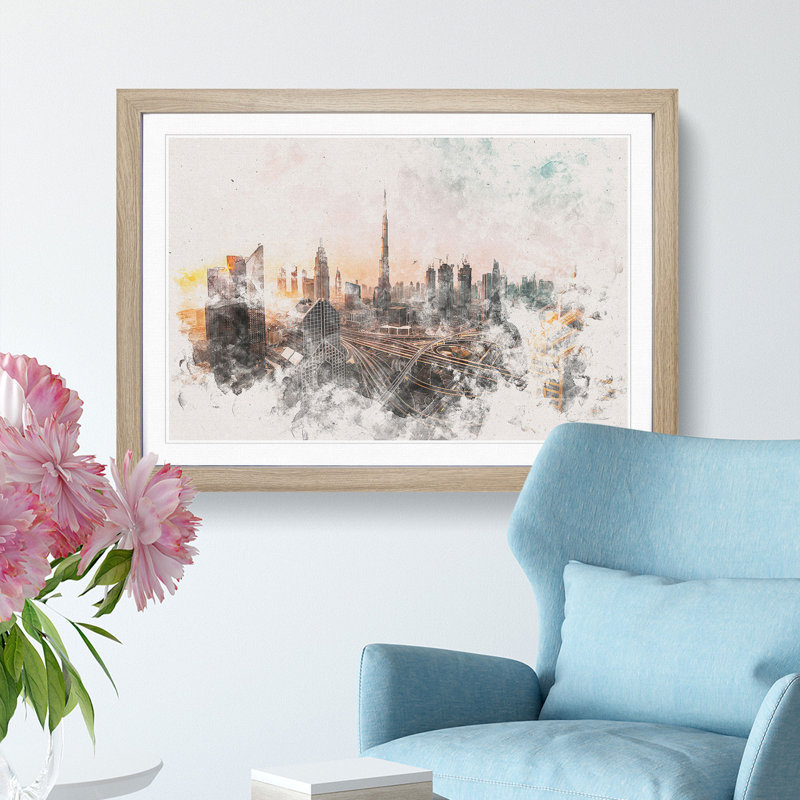 Burj Khalifa Dubai Skyline - Single Picture Frame Painting on MDF, Oak Framed, 62cm H x 87cm W x 2cm D