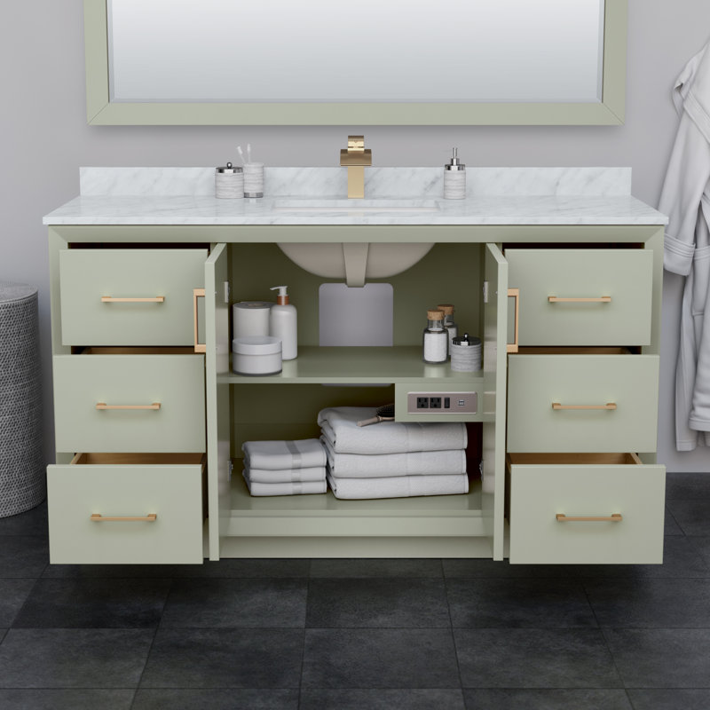 Meuble-lavabo simple 60 po avec plateau Strada, Quartz Giotto, Vert clair, Bronze satiné