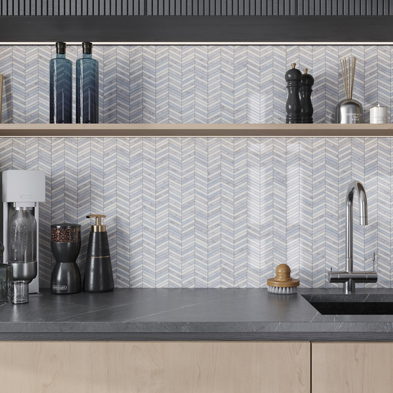 Nubes 12 x 12 Thassos, Bianco Carrara, Blue Celeste Marble Chevron Tile (5 Sq Ft/Case) - 5 Pack