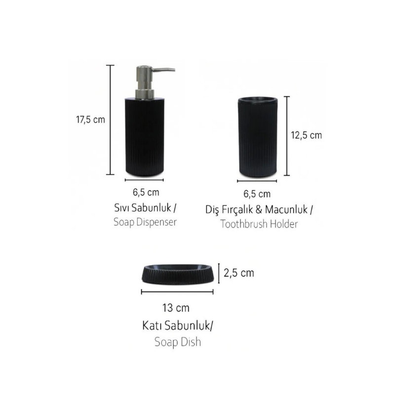 Ensemble de salle de bain 3 pièces Elegant, en plastique noir, avec plateau (6,9 x 2,8 pouces), porte-savon (4,9 x 2,8 pouces), porte-brosse à dents (1,0 x 5,1 pouces) | 100% durable et lavable au lave-vaisselle | Une organisation élégante pour les salles de bain modernes