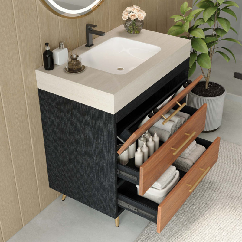 Meuble-lavabo autoportant moderne avec lavabo vasque en céramique et plateau en pierre frittée durable, Noyer / noir
