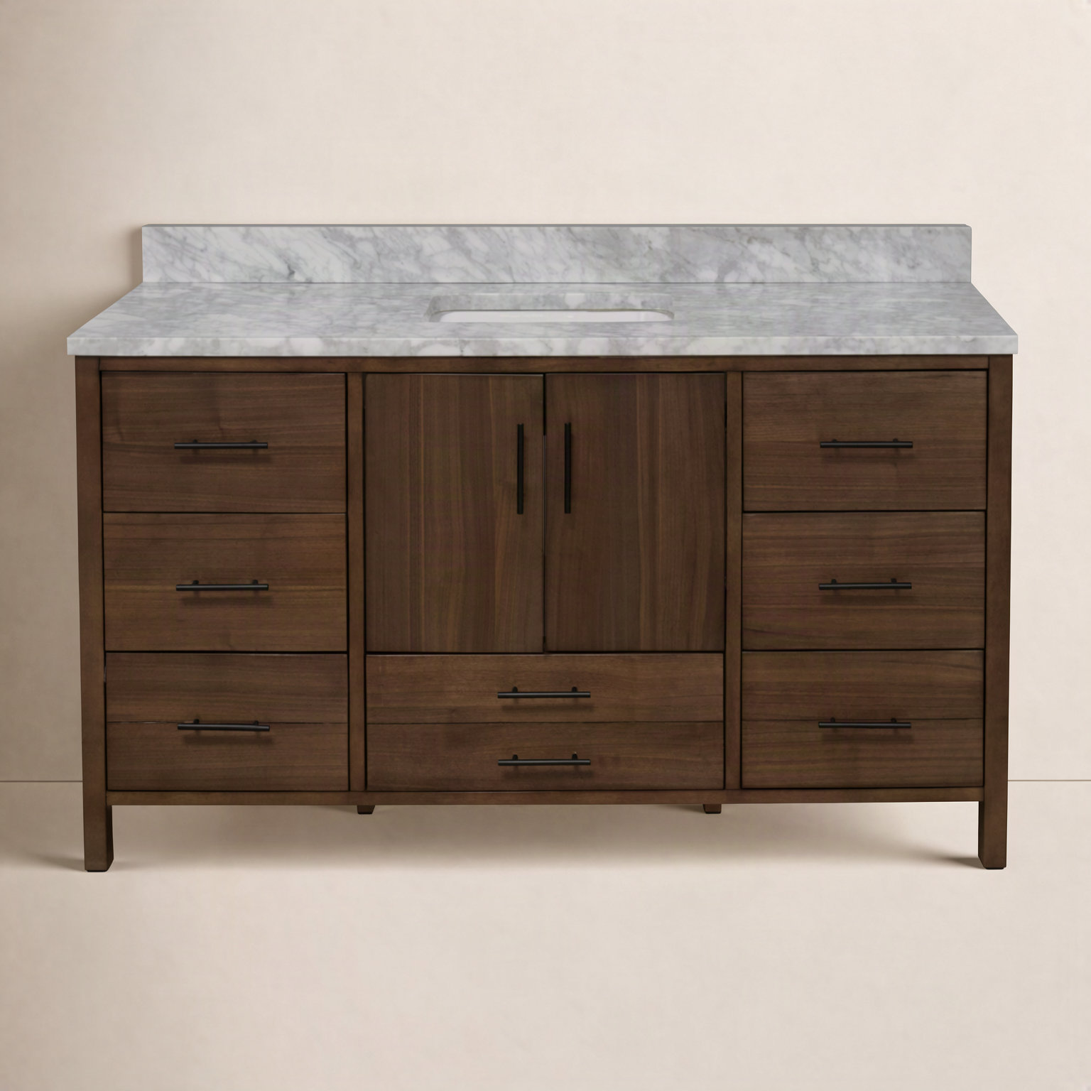 Kiara 60" Carrara Marble Single Bathroom Vanity, Walnut Veneer, Carrara Marble