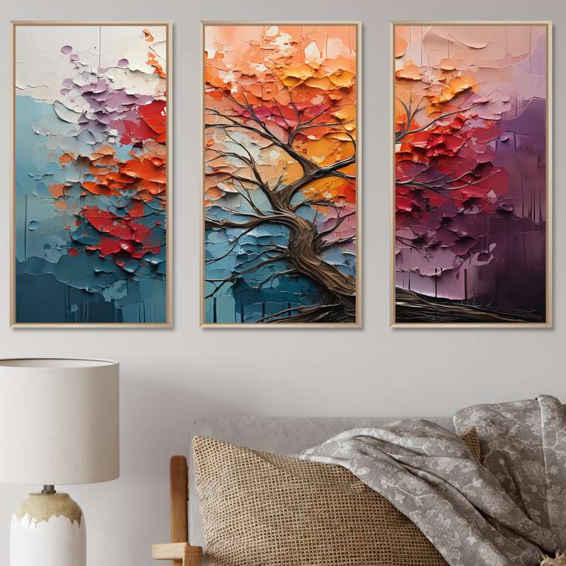 «Expressionist Vibrance Of Raimbow Tree», ensemble de reproductions d'art sur bois de séquoia, Cadre naturel flottant