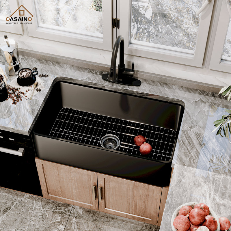 Fireclay Farmhouse Apron Kitchen Sink With LED Function Kitchen Faucet, 33'' W