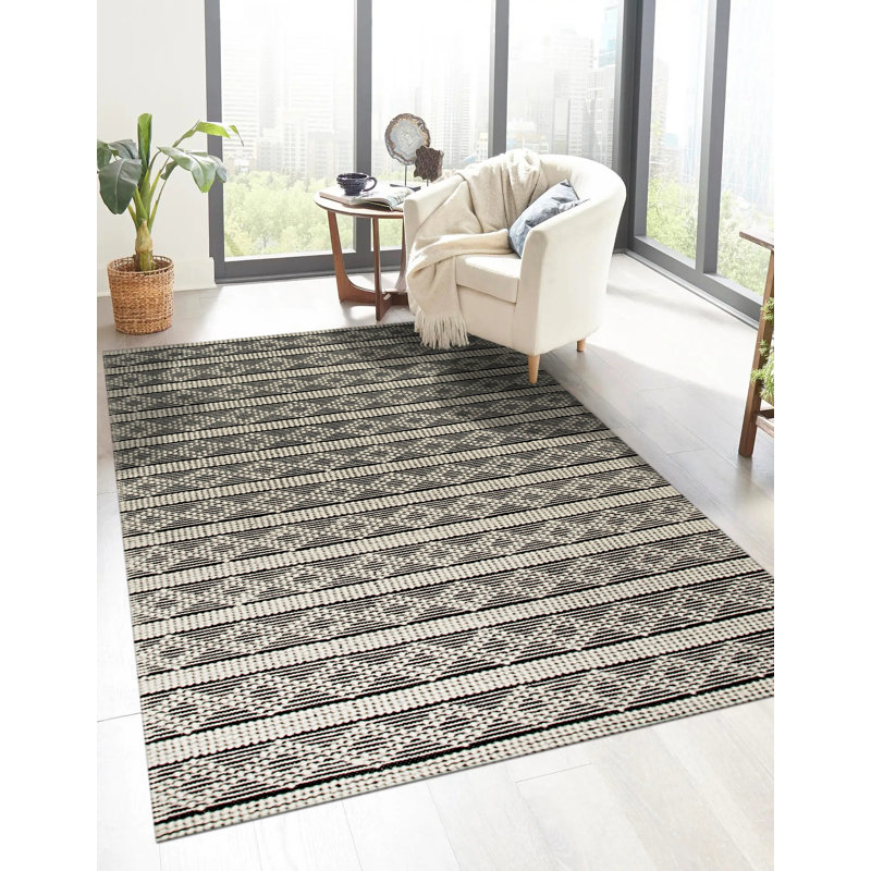 Tapis rayé noir en laine fabriqué à la main Selene, Rectangle 9 pi x 12 pi