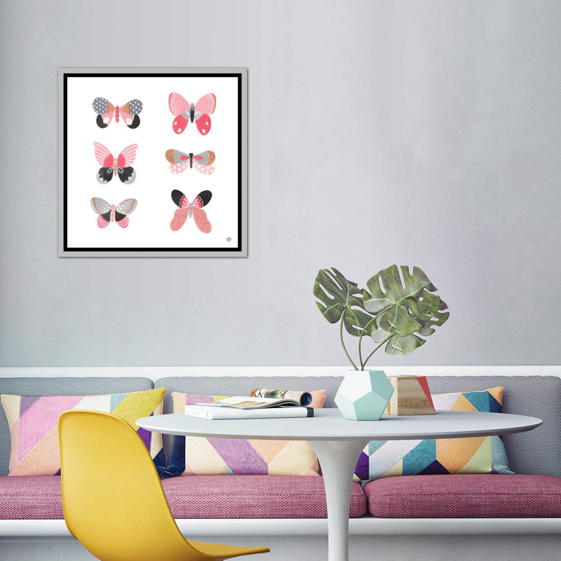 6 papillons art, H 18 po x l 18 po x P 1,5 po, Toile avec cadre argenté