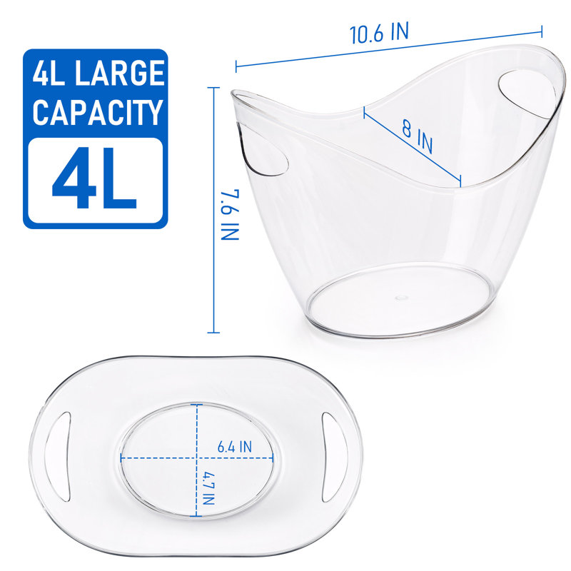 Seau à glace 2 PCS, refroidisseur de boisson en PET transparent avec poignées, 4L