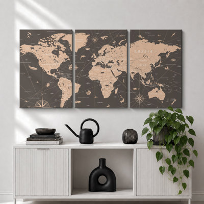 «World Map Sepia Global Country», ensemble de 3 reproductions sur toile
