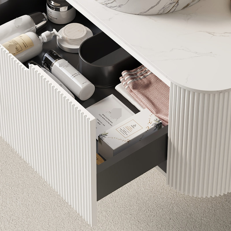 Meuble de rangement mural pour salle de bain de 91 cm (36 po) en contreplaqué avec comptoir en pierre frittée blanche, un tiroir, sans lavabo ni robinet, tiroir à fermeture amortie 3D de style français tissé, armoire gravée.