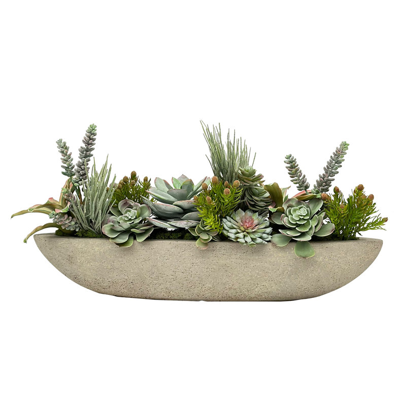 Artificial Green Succulent Arrangement in Concrete Boat Planter