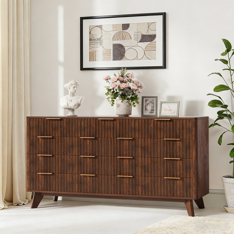Fluted 9 Drawers Dresser, 54" Wide Modern Chest of Drawers with Metal Handle, Large Dresser TV Stand, Wood Drawer Organizer for Living Room, Hallway, Black Walnut