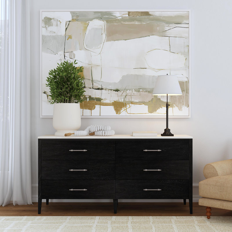 Mayfair 6 Drawer Wood and Marble Dresser, Washed Black/Ivory