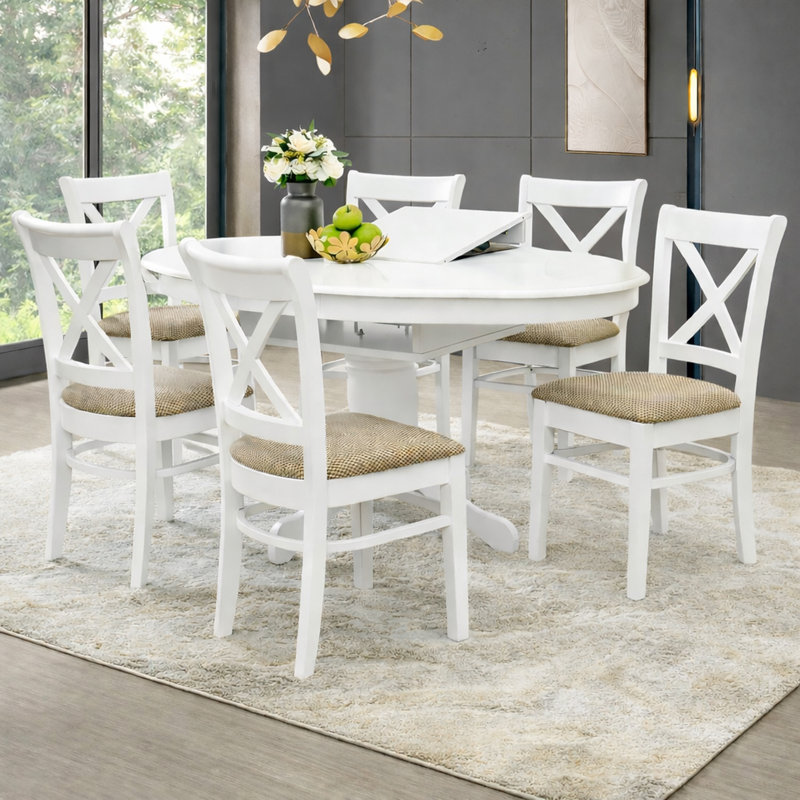 Traditional 7-Piece Inch Oval Extendable Dining Set, White Finish With Brown Polyester Upholstered Chairs, Solid Rubberwood