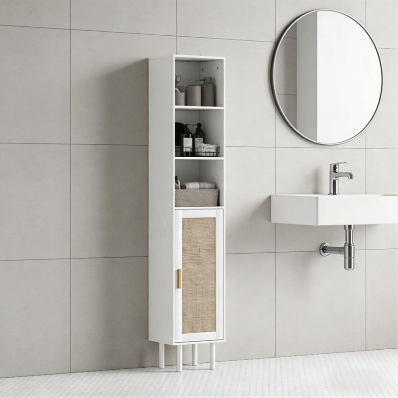Nordic Style Freestanding Bathroom Storage Cabinet,Tall Bathroom Cabinet With Rattan Doors, White