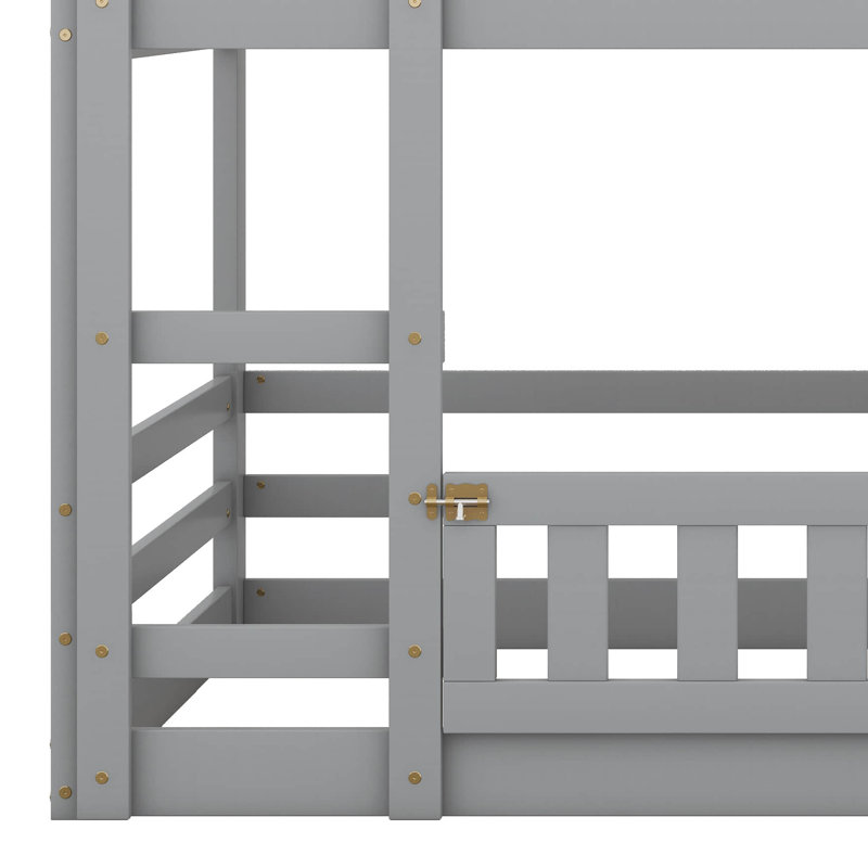 Twin Over Twin House Bunk Bed With Fence And Door, Gray