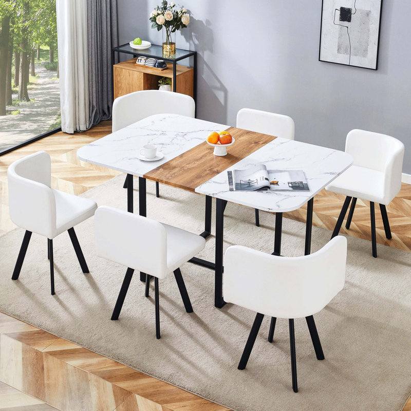 Ensemble de salle à manger 6 pièces minimaliste moderne, table en bois aggloméré avec chaises en cuir de polyuréthane, idéal pour les espaces de style nordique et industriel