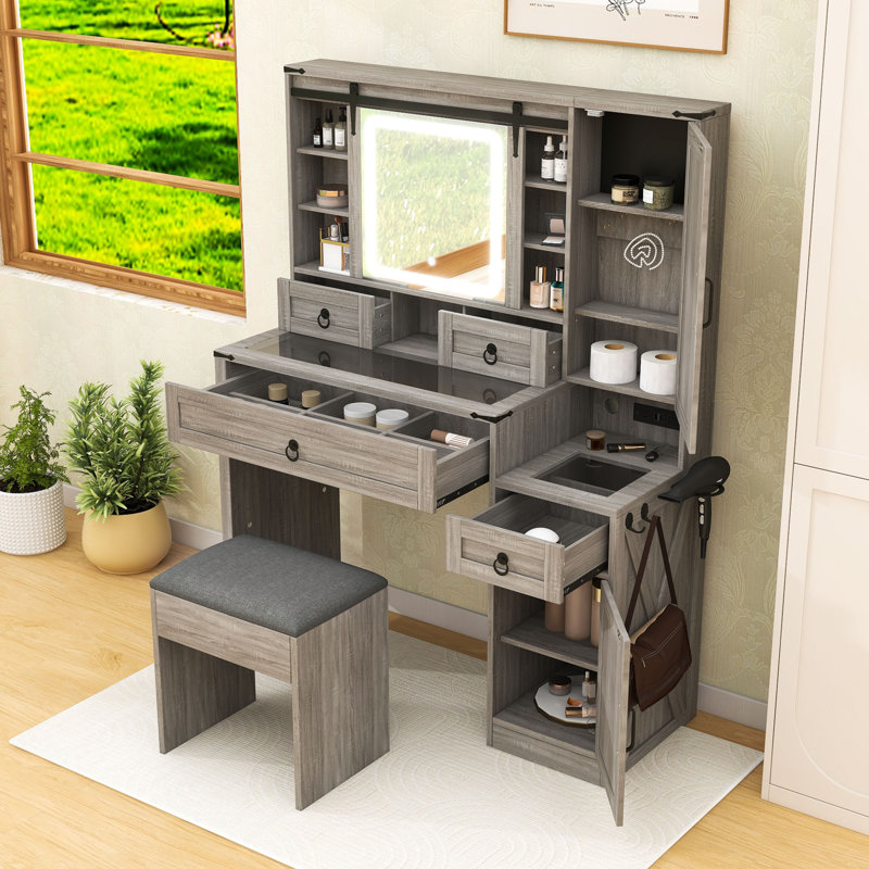 Bureau de maquillage avec bureau intégré, tiroirs, crochets latéraux et tablettes, Gris