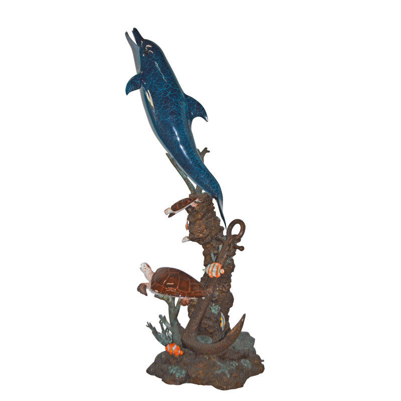 Statue bronze avec dauphin et trois tortues Valerton - Taille: L 37 po x l 30 po x H 80 po.