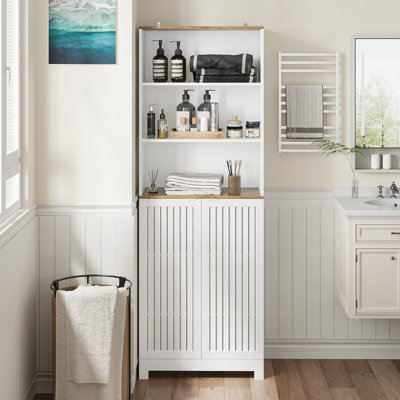 Tall Bathroom Storage Cabinet with 2 Doors & Adjustable Shelves, Wood Freestanding 6-Tier Bathroom Cabinet