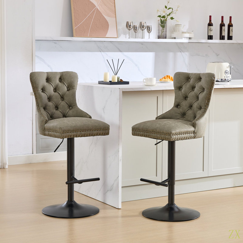 Aged And Retro PU Swivel Barstools Adjusatble Seat Height From 26-33 Inch, Modern Bar Stools With Backs Comfortable Tufted For Home Pub And Kitchen Island (Set Of 2)