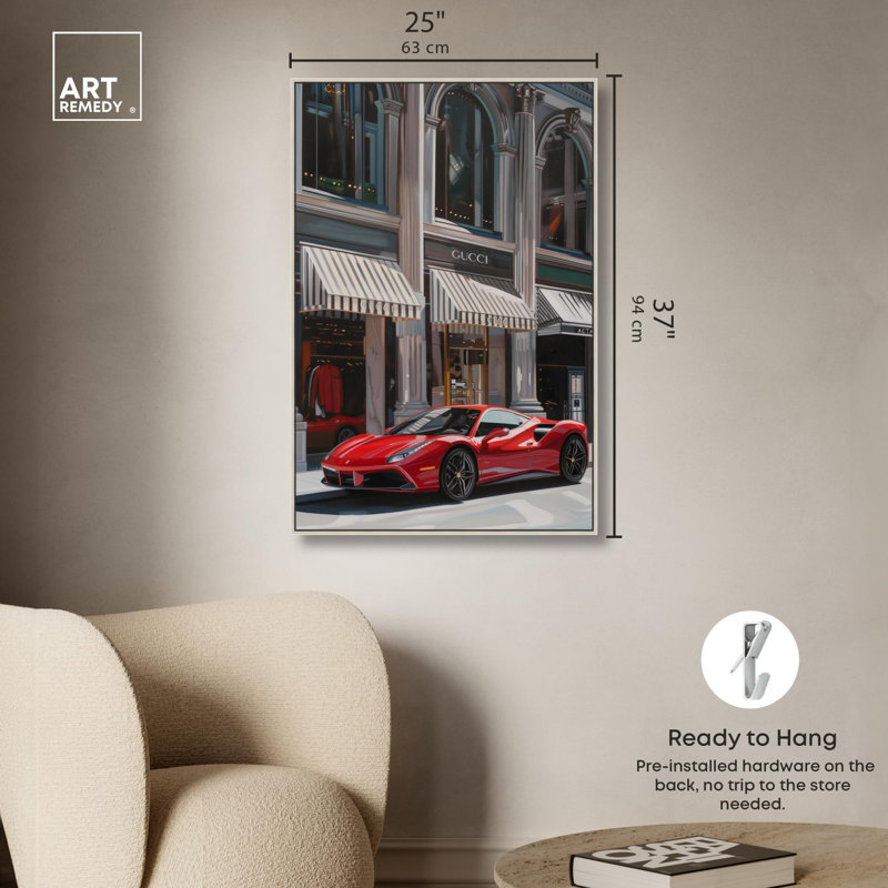 Red Car Parked Out , Cadre flottant argent, H 37 po x l 25 po