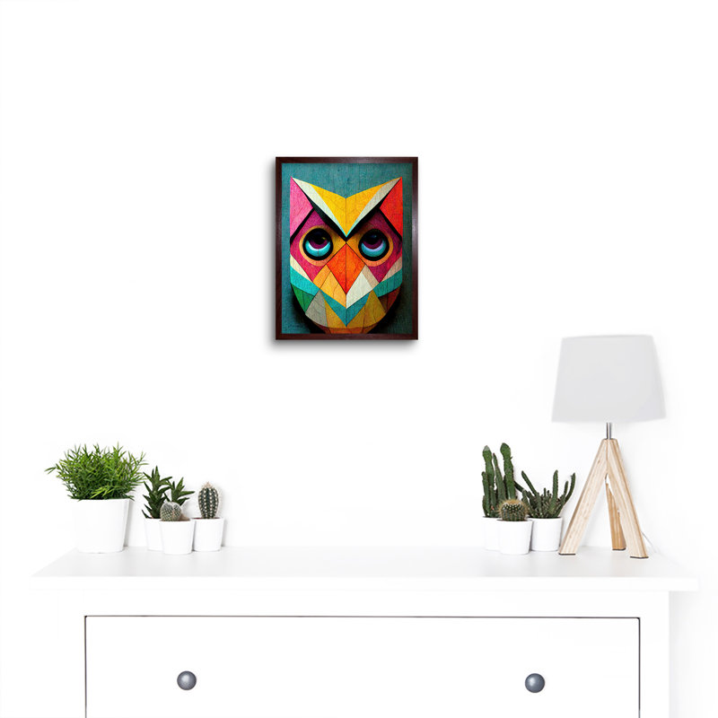 Cute Colourful Geometric Owl Bird - Print, 25.9cm H x 20.6cm W x 1.5cm D, Brown Framed Paper