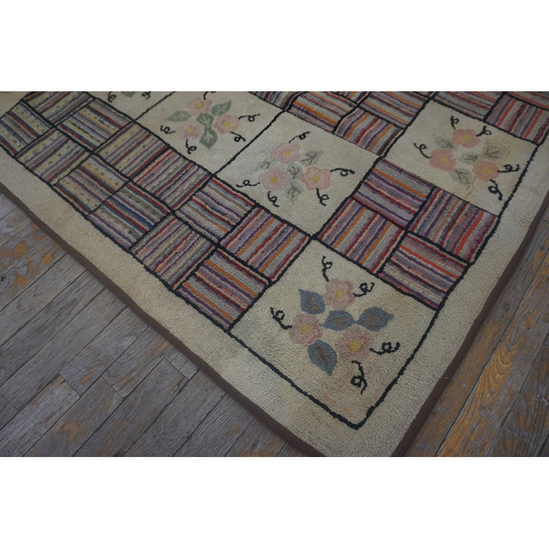 Antique Basket Weave And Floral Folk Art Pattern American Hooked Rug