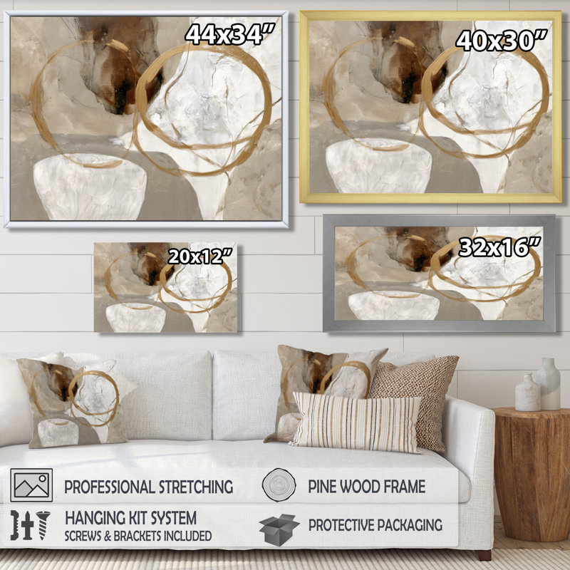 Or blanc abstrait, formes modernes - formes abstraites sur toile, art mural moderne doré, H 28 po x l 60 po, Toile tendue
