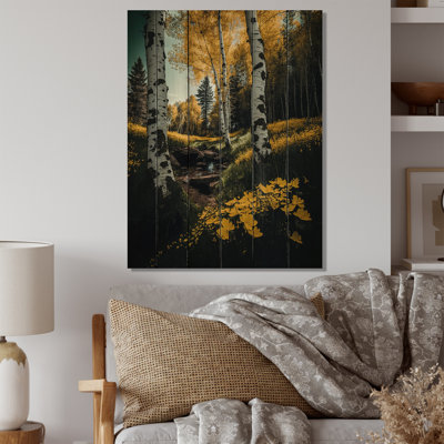 «Blossoming Birches On A Sunny Lake Day II», paysage forêt, art mural - bois de pin naturel