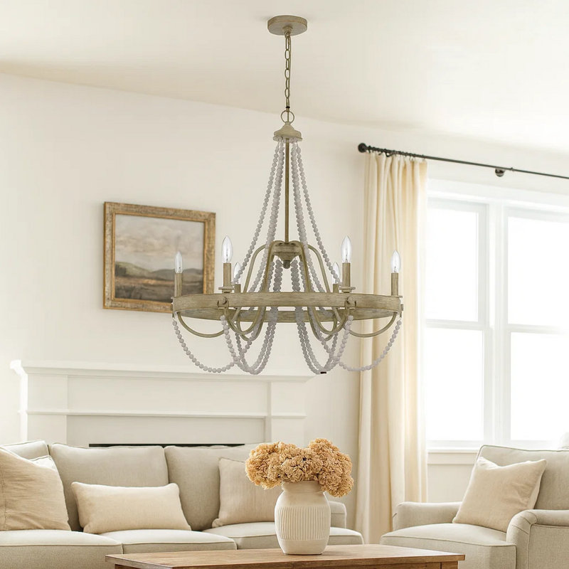 Lustre Maci 28 po, candélabre perlé blanc, bois brun