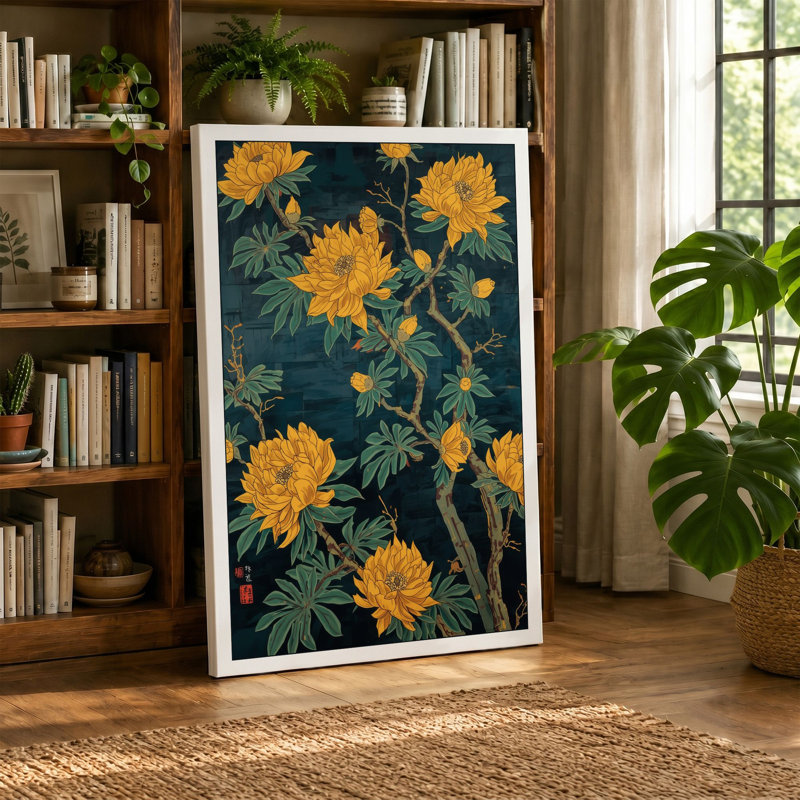Golden Chrysanthemums Botanical - Wrapped Canvas, 36x24 - 91.4 x 61.0 cm, Terracotta Border