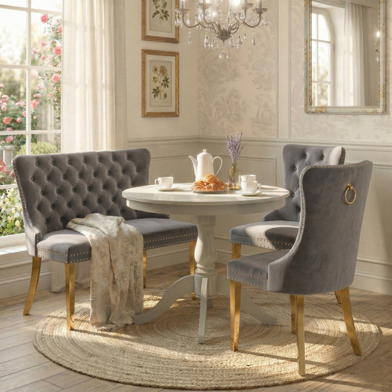   3-piece Breakfast Nook Seating Set With Tufted Bench And Upholstered Dining Chairs, Gold, Gold, Gray 