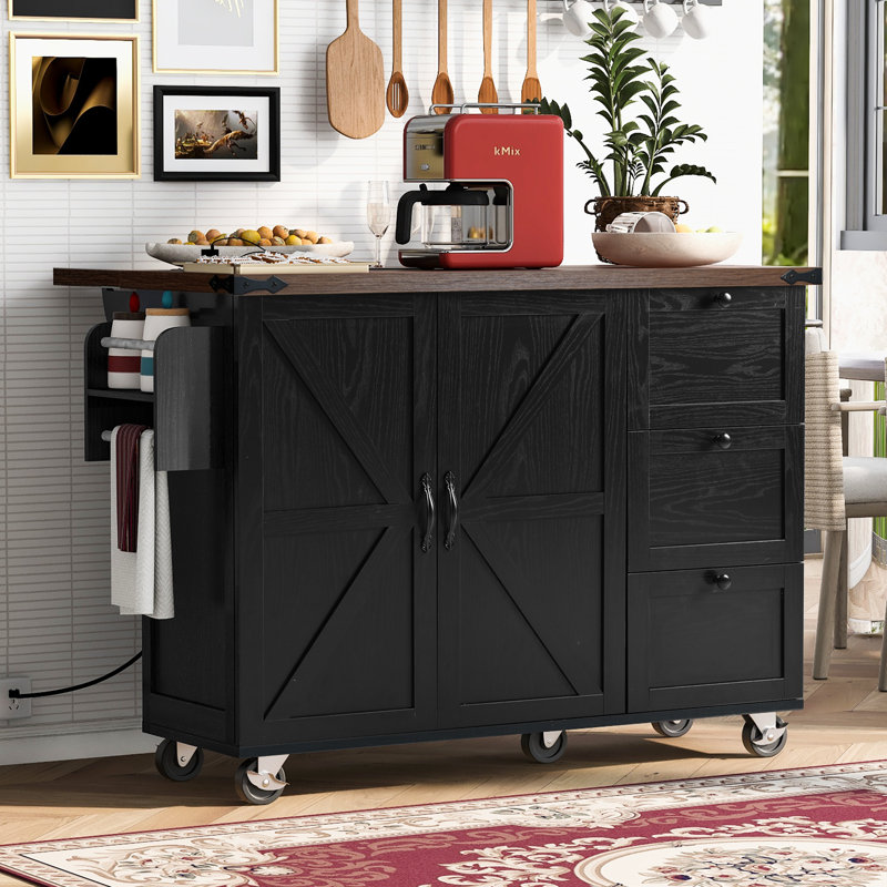 54.5" Farmhouse Kitchen Island With Storage Rack, Drop Leaf, Spice Rack, Rolling Cart & Power Outlet, Black, Black