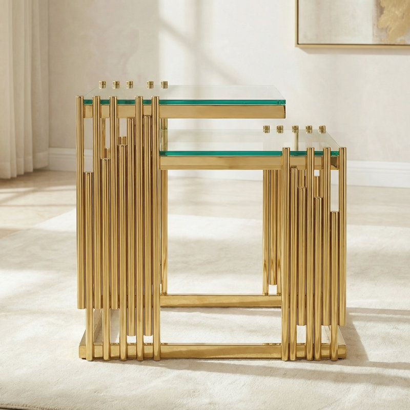 Ensemble de 2 tables basses dorées, plateau en verre trempé avec structure en acier inoxydable 201, table basse moderne pour le salon et la chambre à coucher