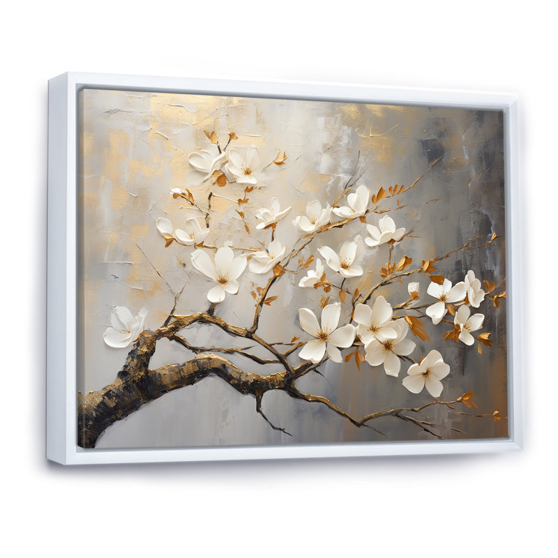 Arbre floral doré et gris sérénité - oiseau, art mural, Cadre flottant blanc, H 34 po x l 44 po x P 1,5 po