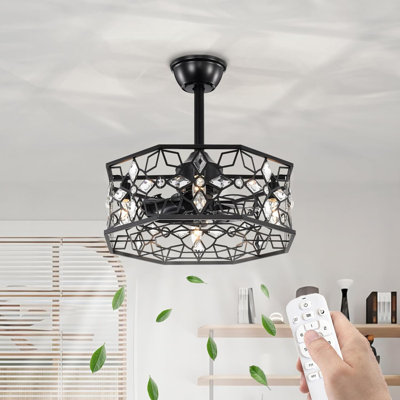 Ventilateur de plafond avec éclairage, 46 cm (L) x 46 cm (P) x 23 cm (H), métal noir, télécommande incluse