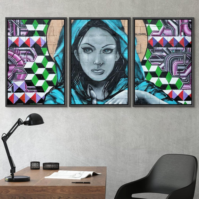 Peinture en aérosol géométrique, mystique, graffiti et art urbain, art moderne coloré, portrait urbain, 3 pièces