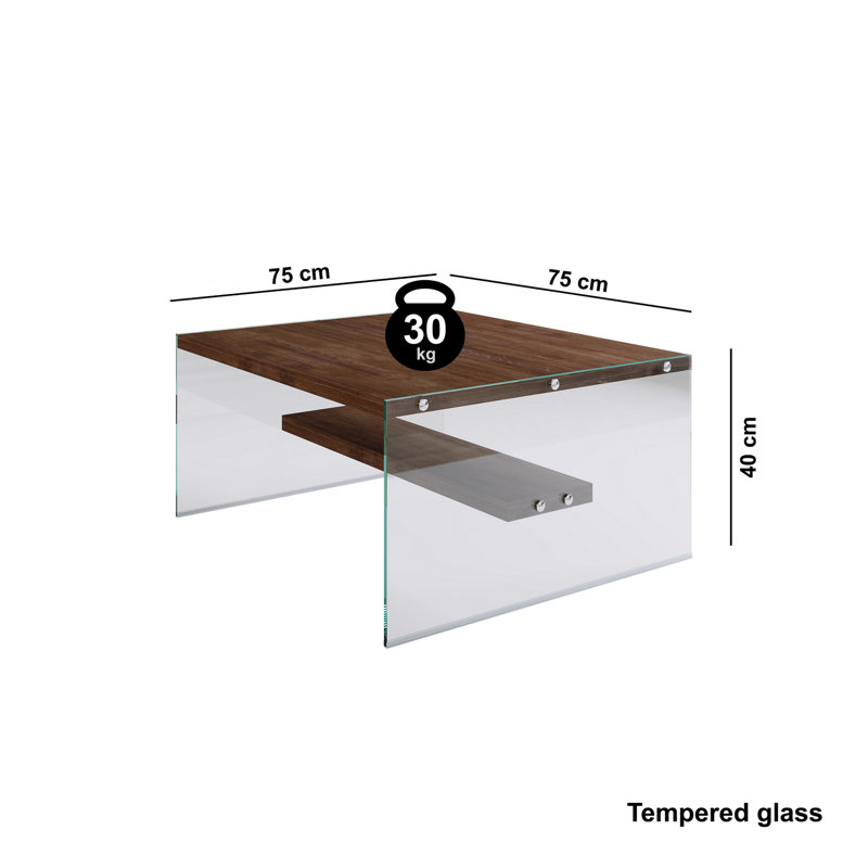 Modern Coffee Table, Walnut Color, 29.5 x 15.7 x 29.5 inches | 100% Pine Solid Wood with 8 mm Thickness | Durable 100% Tempered Glass Frame | Max Weight Capacity: 66 lbs | Stylish Design for Living Room & Contemporary Spaces