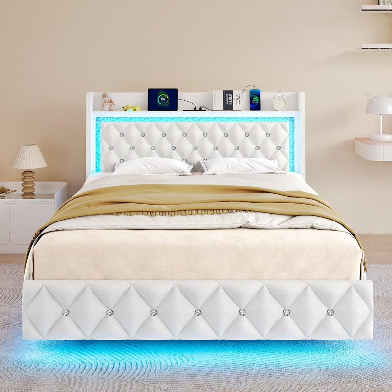 Cadre de lit flottant pour lit simple avec lumière DEL, lit plateforme en cuir de polyuréthane rembourré avec station de charge et oreilles, tête et pied de lit capitonnés avec rangement Diamond, aucun sommier nécessaire