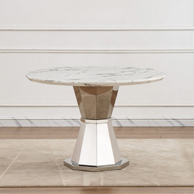 47" Round Marble Dining Table, Modern Kitchen Table With High Gloss Faux Marble Tabletop And Stainless Steel Base For Dining Room, Kitchen by Mercer41