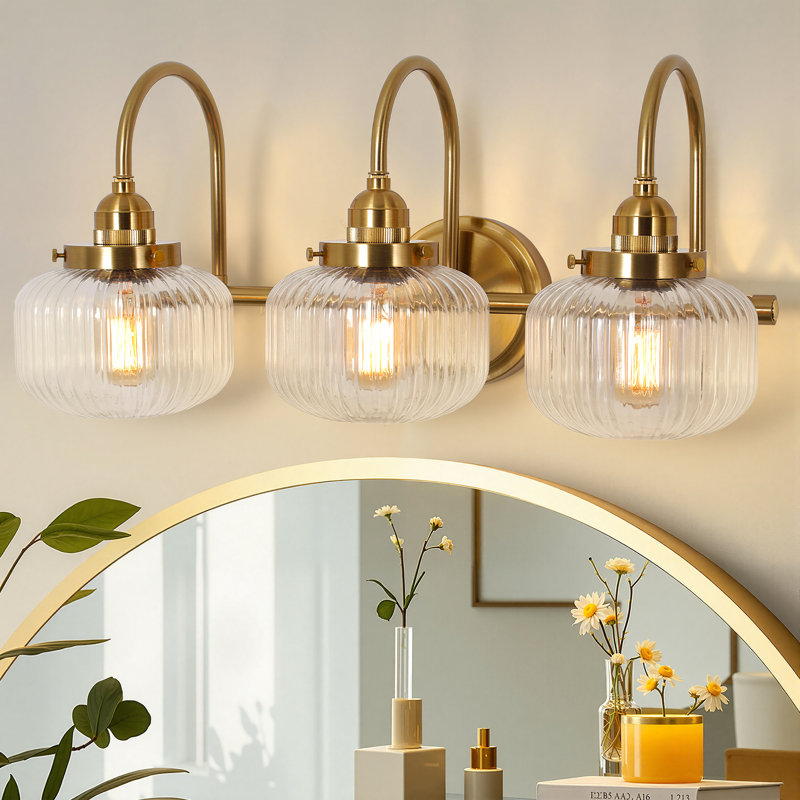 3-Light Vanity Light Spherical Glass Bathroom Wall Sconces, Polished Brass
