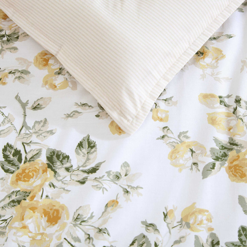 Laura Ashley Roses Gold Cotton Reversible Comforter Bonus Set, Queen Comforter + 6 Additional Pieces